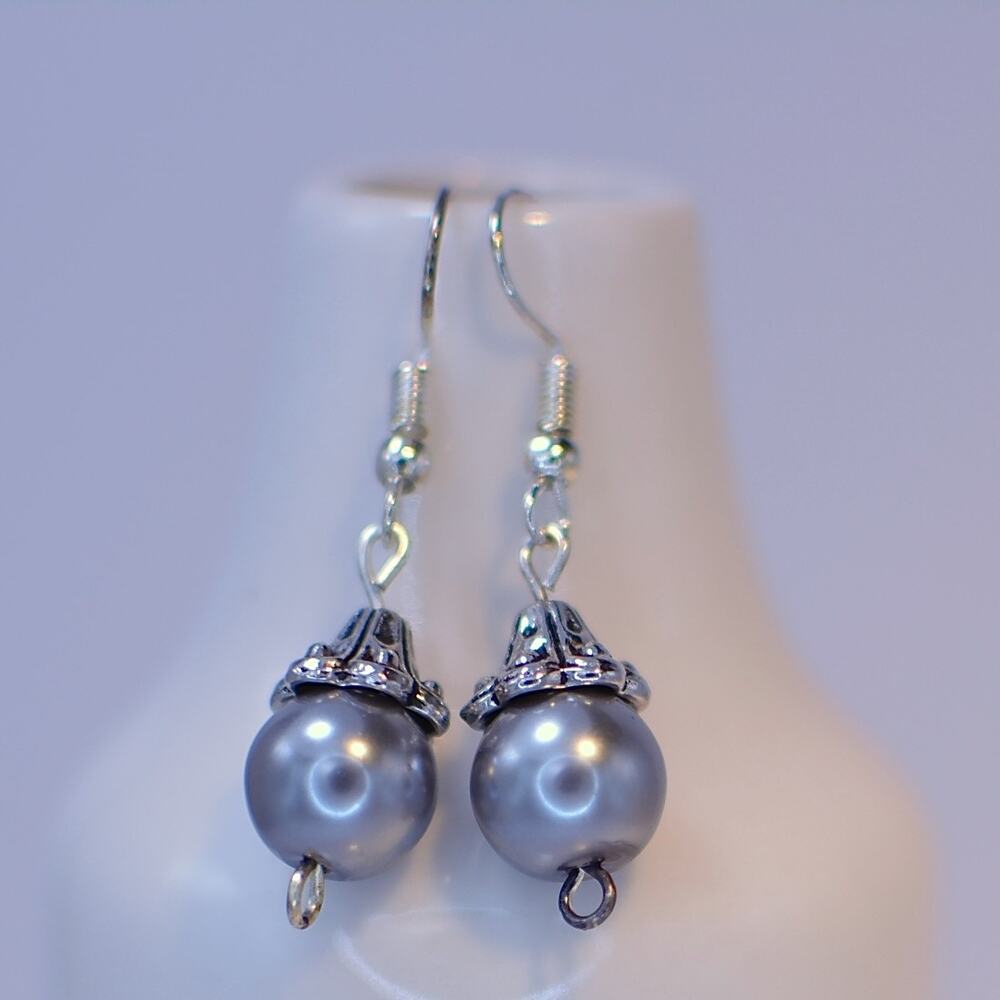 Silver Pearlescent Beaded Earrings; Handmade Sterling Silver